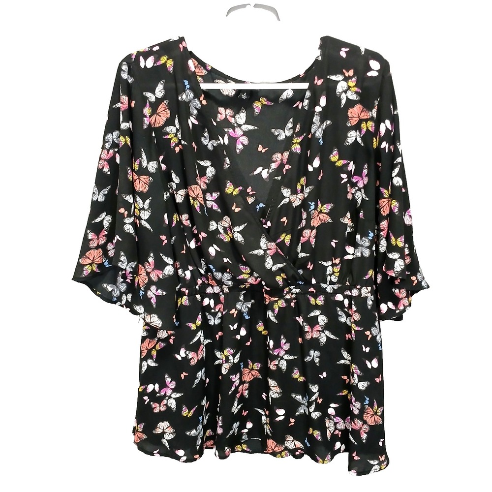 Torrid Blouse Women 2 Black Lily Babydoll Georgette Surplice Blouse Butterfly